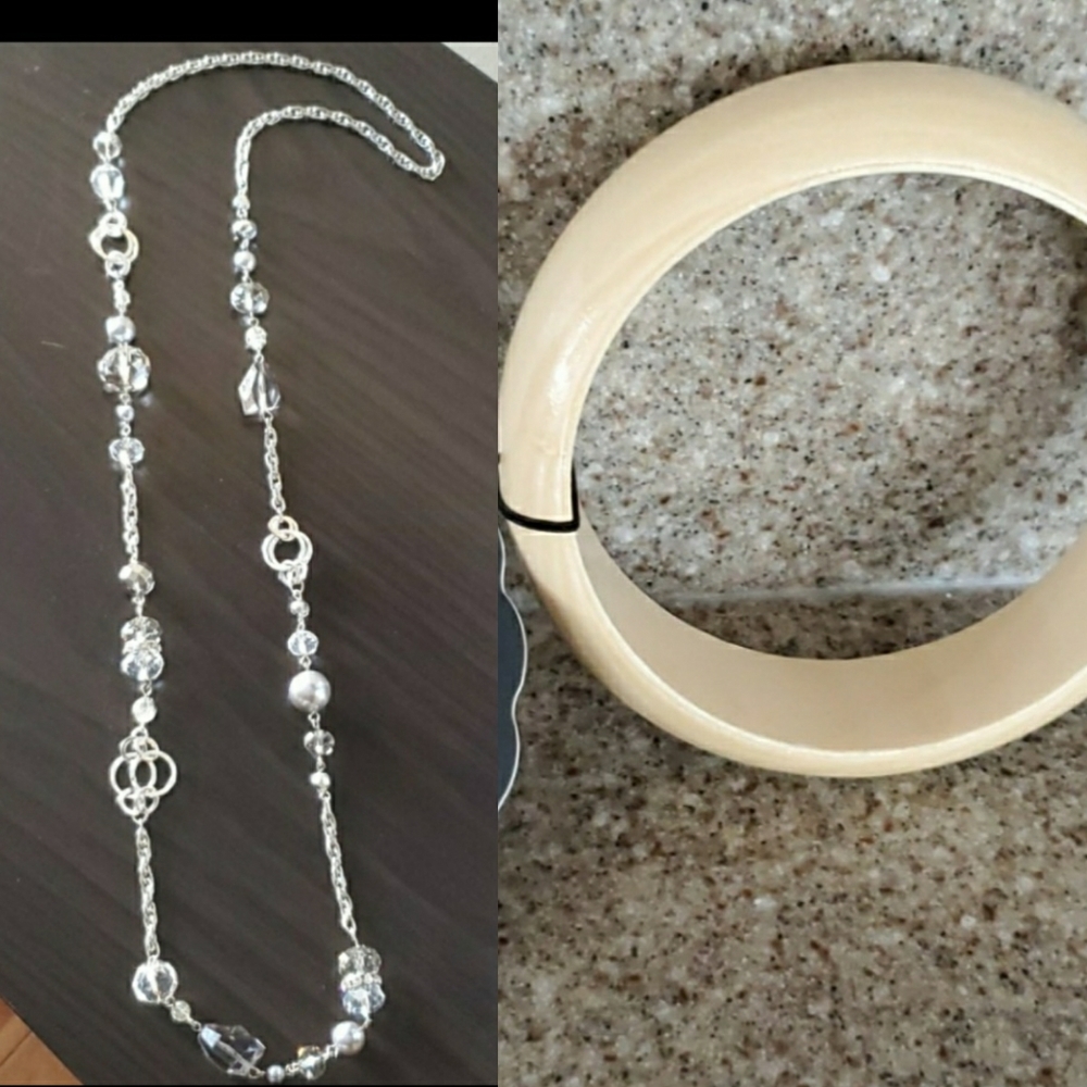 Long silver necklace and paparazzi bracelet
